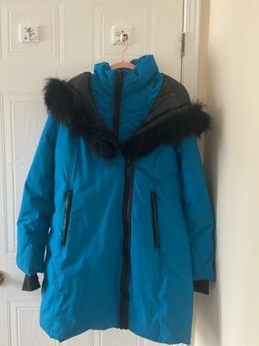 RUDSAK Teal Puffer Coat with Black Fur-Trimmed Hood